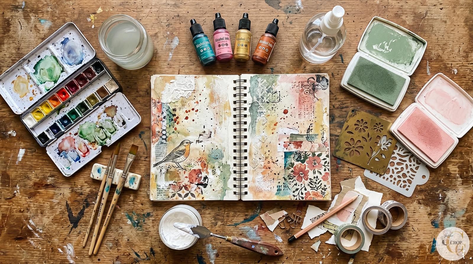 Mixed media art supplies for scrapbooking — inks, paints, stamps, and texture products at Gather Crop Create